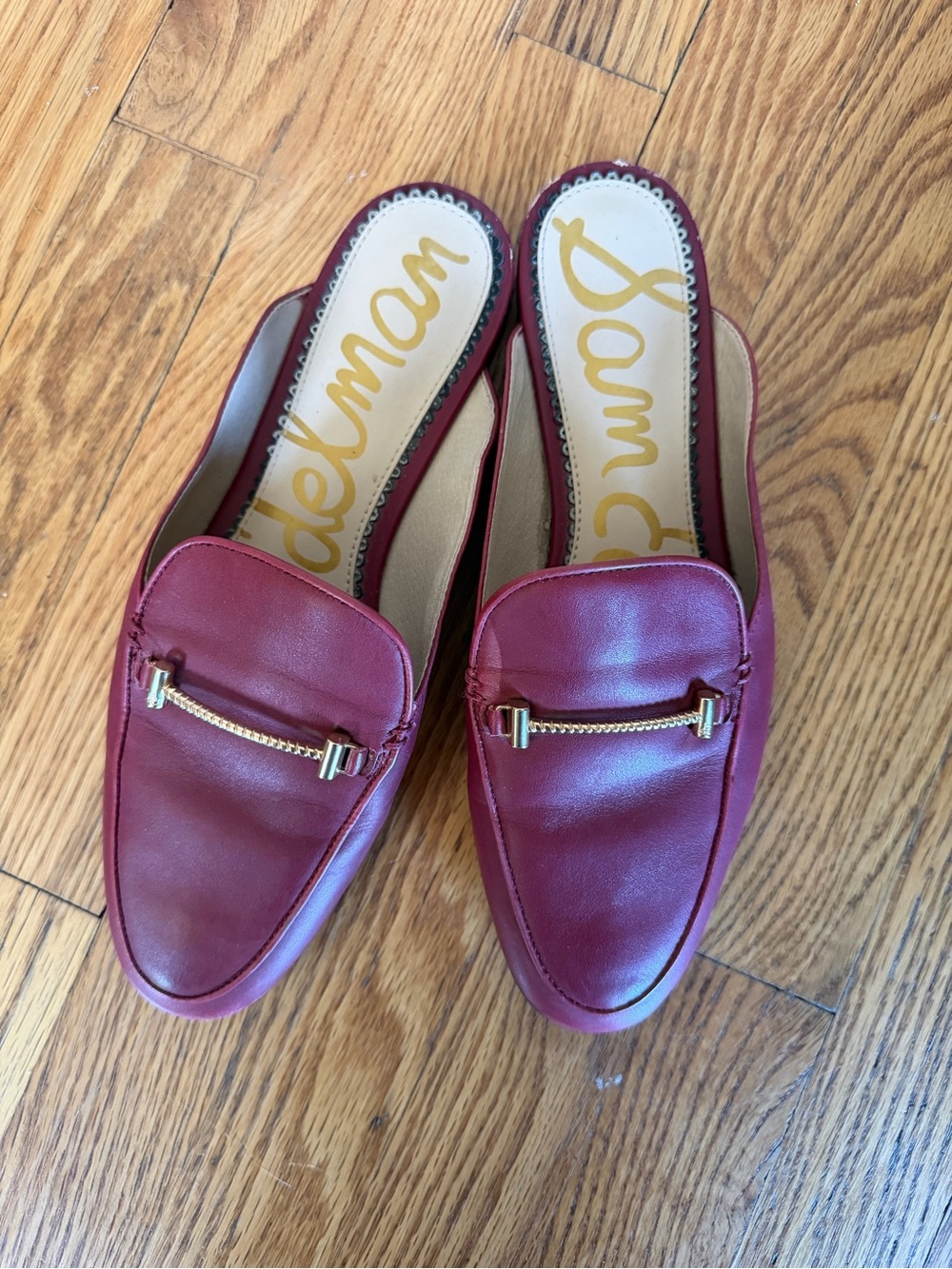 Sam Edelman Burgundy Leather Backless Loafer Mules Gold Hardware